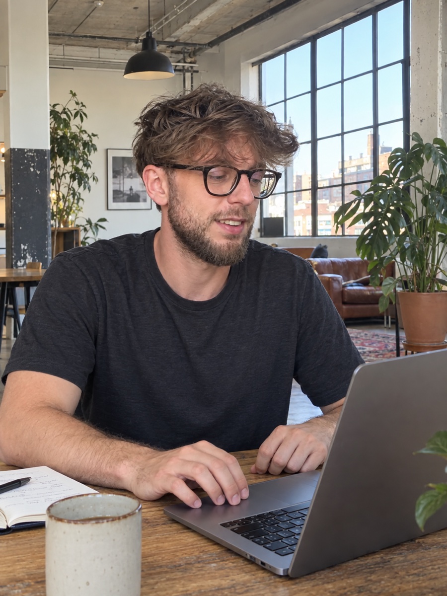 Wygenerowany z pomocą AI portret Krystiana Trubisza przy laptopie